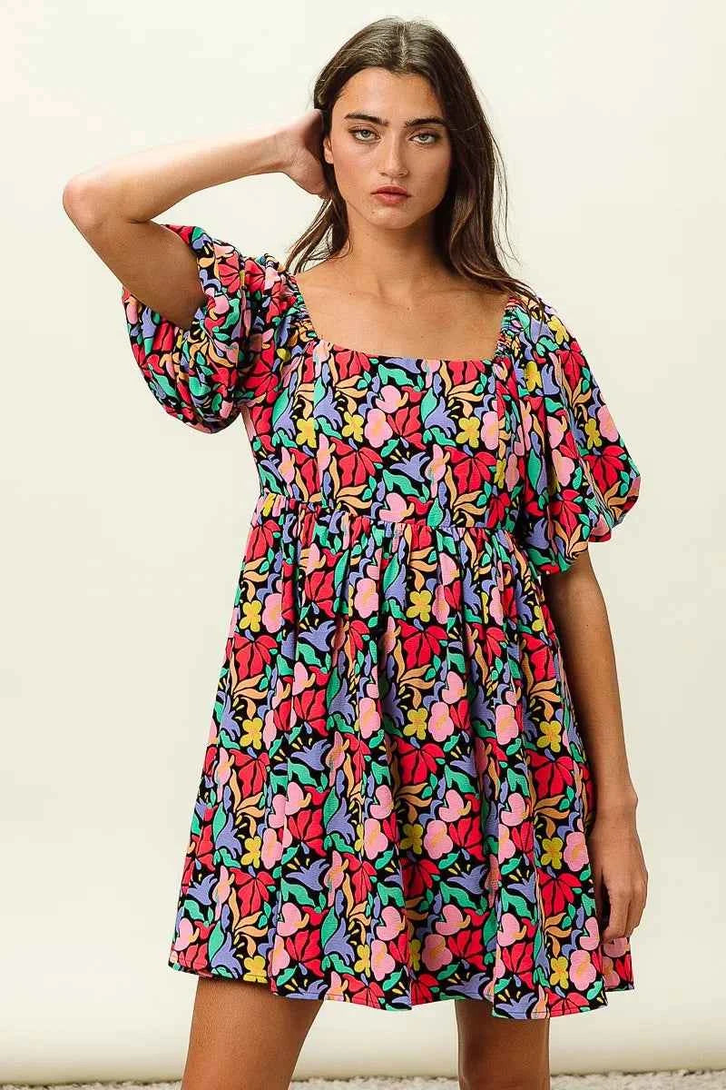 Floral Print Puff Square Neck Dress 918a30effd4c48a699974ab6e9b21385-Max-Origin