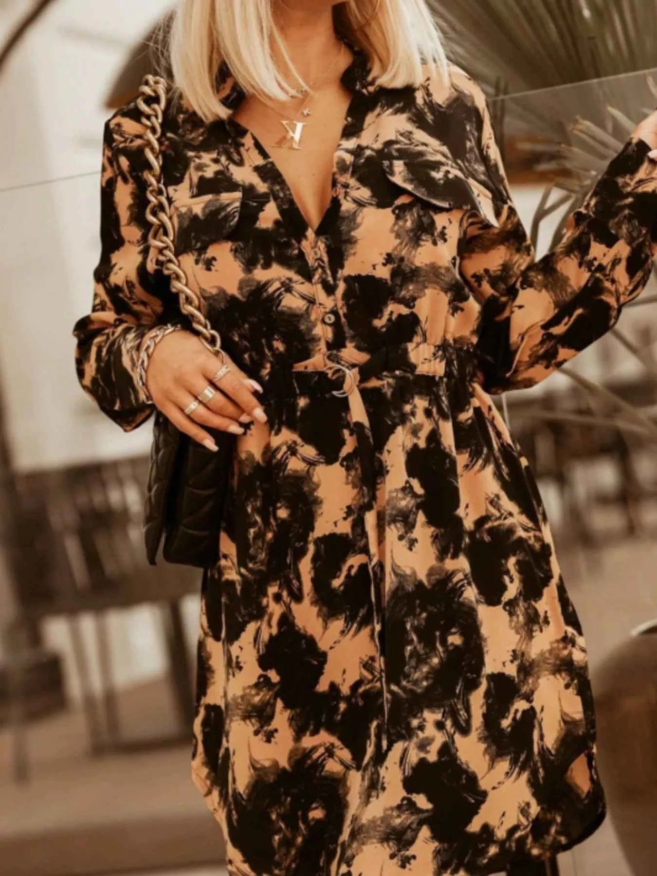 Printed Button Front Long Sleeve Dress Black Yellow Flower 918a5c67-b16f-4f00-b52f-70571faf7d17-Max-Origin