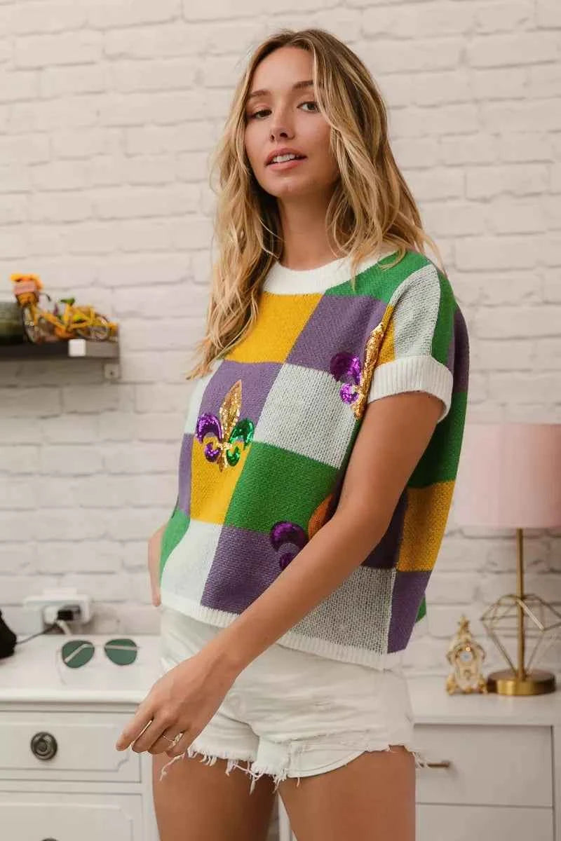 BiBi Sequin Embroidery Mardi Gras Checker Sweater Top 918ea840b5454e8b98a943fe33d1ff50-Max-Origin