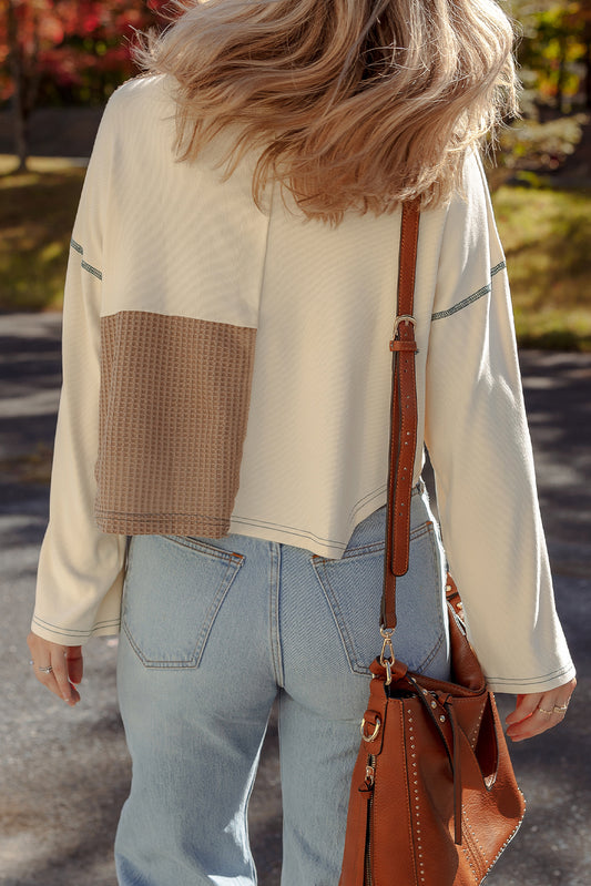 Beige Waffle Patchwork Stitch Detail Long Sleeve Henley Top 9191cd6e64e32d75