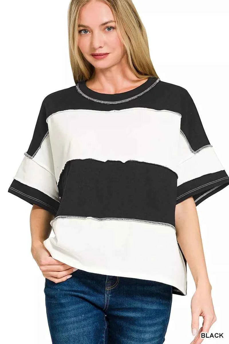 Zenana French Terry Color Block Exposed Seam Top BLACK 919478ce0af8490ab8a5ad40f5b6c4f4-Max-Origin