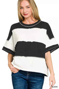 Zenana French Terry Color Block Exposed Seam Top BLACK 919478ce0af8490ab8a5ad40f5b6c4f4-Max-Origin