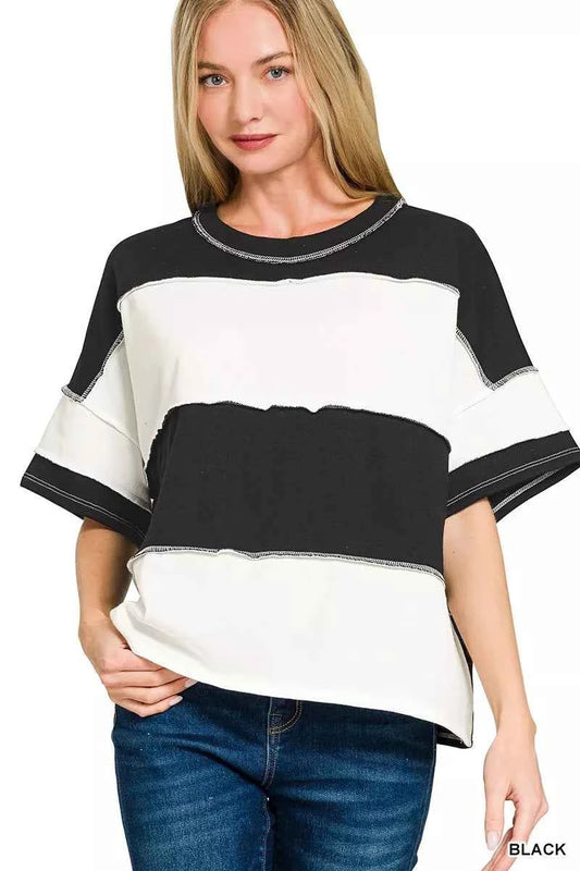 French Terry Color Block Exposed Seam Top BLACK 919478ce0af8490ab8a5ad40f5b6c4f4-Max-Origin