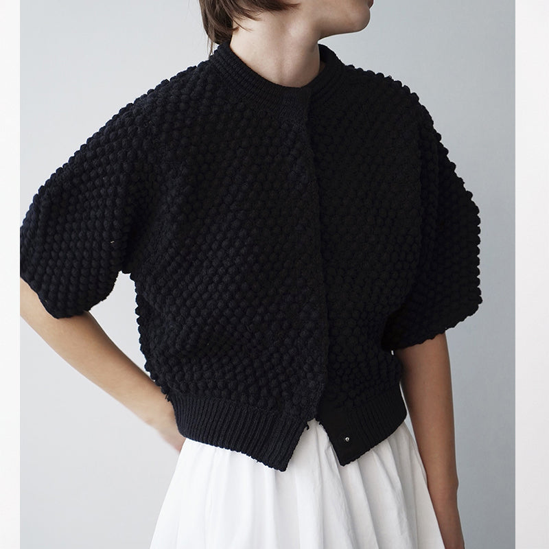 The Hidden-Button Cotton Short-Sleeve Cardigan Black 91953AC71633F047AAADE57500FFB1EA
