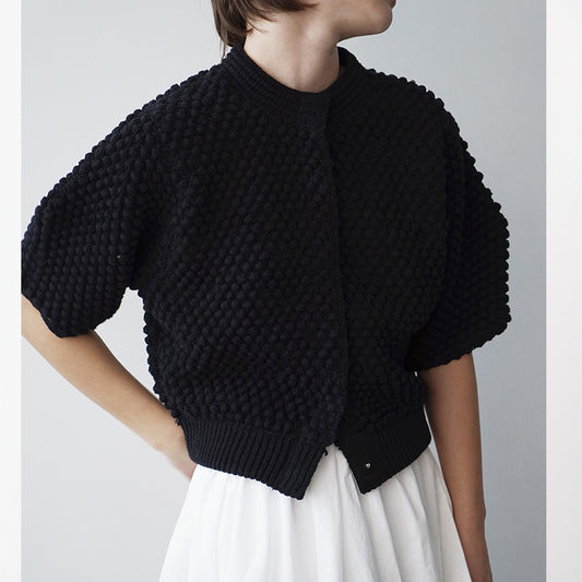 The Hidden-Button Cotton Short-Sleeve Cardigan Black 91953AC71633F047AAADE57500FFB1EA