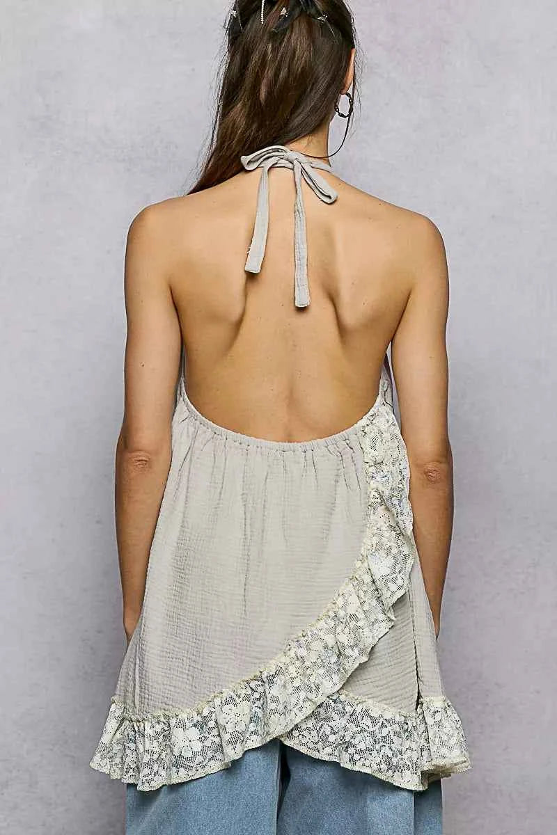 POL Lace Ruffle Halter Neck Double Gauze Top with Crochet Patch 919b0a44-7215-4826-ae0e-347827a4a5d6-Max-Origin