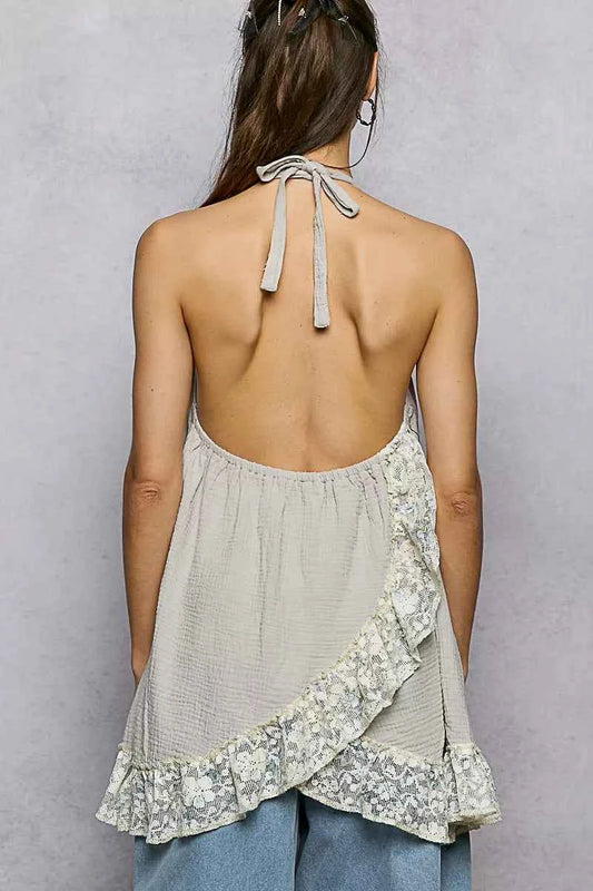Lace Ruffle Halter Neck Double Gauze Top with Crochet Patch 919b0a44-7215-4826-ae0e-347827a4a5d6-Max-Origin