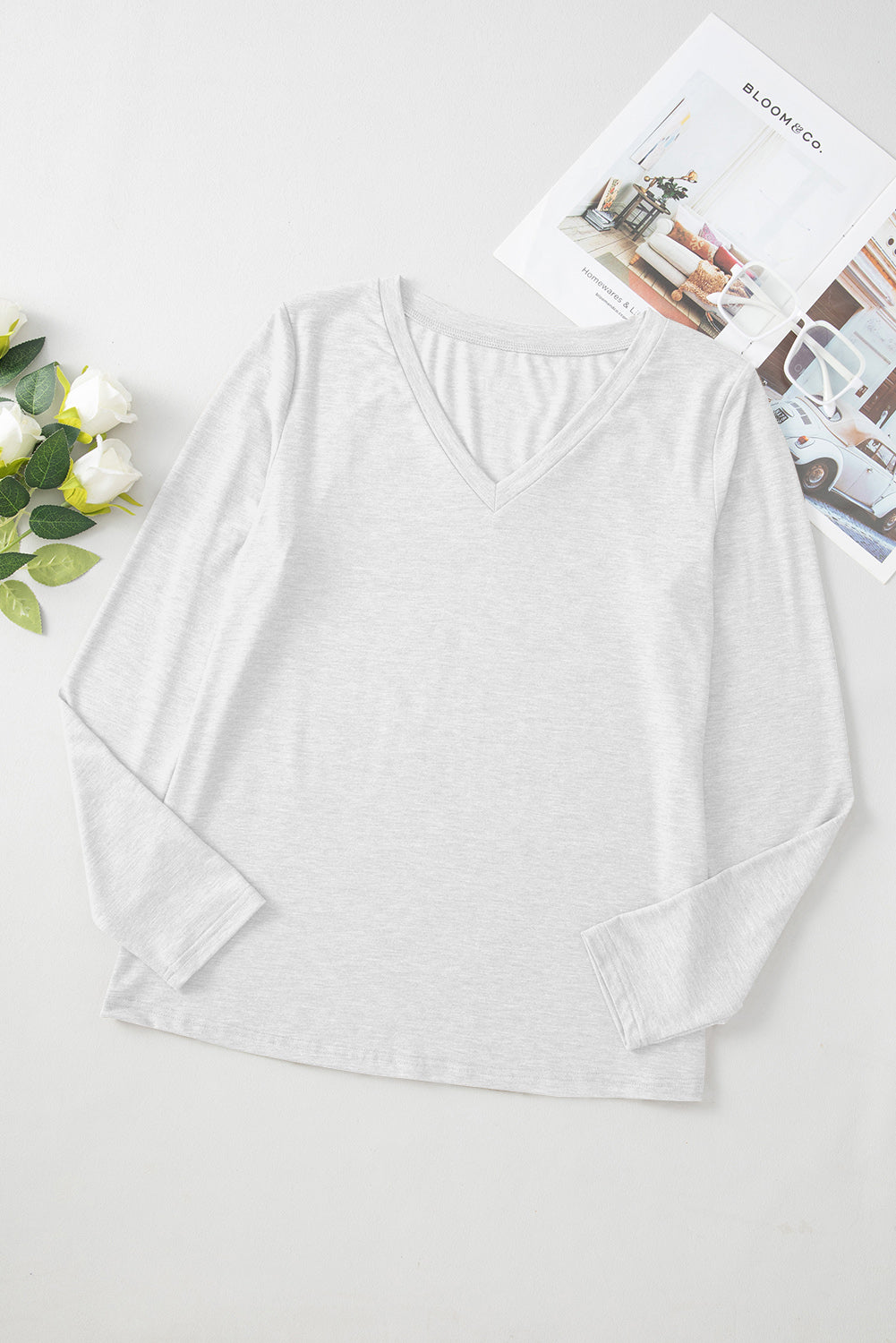White Plain V Neck Long Sleeve Top 91a16f36c7f61c91