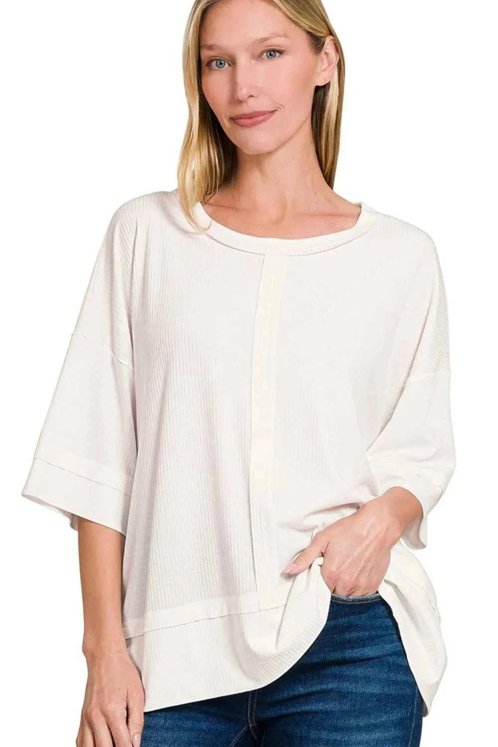 Zenana Ribbed Boat Neck 3/4 Sleeve Top OFF WHITE 91a7d5ad-c571-4c9a-a463-589354fa07c5-Max-Origin