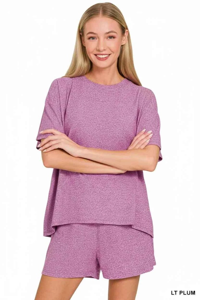 Zenana Soft Melange Short Sleeve Tee and Shorts Set 91abded6-4693-4159-8191-24c6af5f172a-Max-Origin