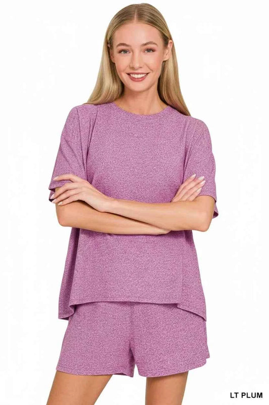 Zenana Soft Melange Short Sleeve Tee and Shorts Set 91abded6-4693-4159-8191-24c6af5f172a-Max-Origin