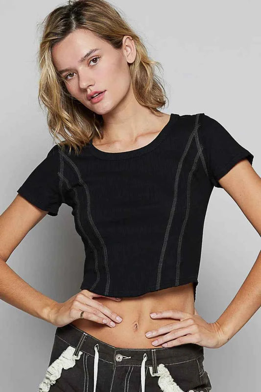 POL Contrast Stitching Round Neck Crop T-Shirt Black 91af780c-4d6e-46cc-8f9b-08b009925d0a-Max-Origin