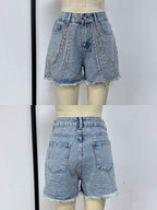 Rhinestone Chain Raw Hem Denim Shorts 91b38201-0285-4c64-b147-acfce49ace31-Max