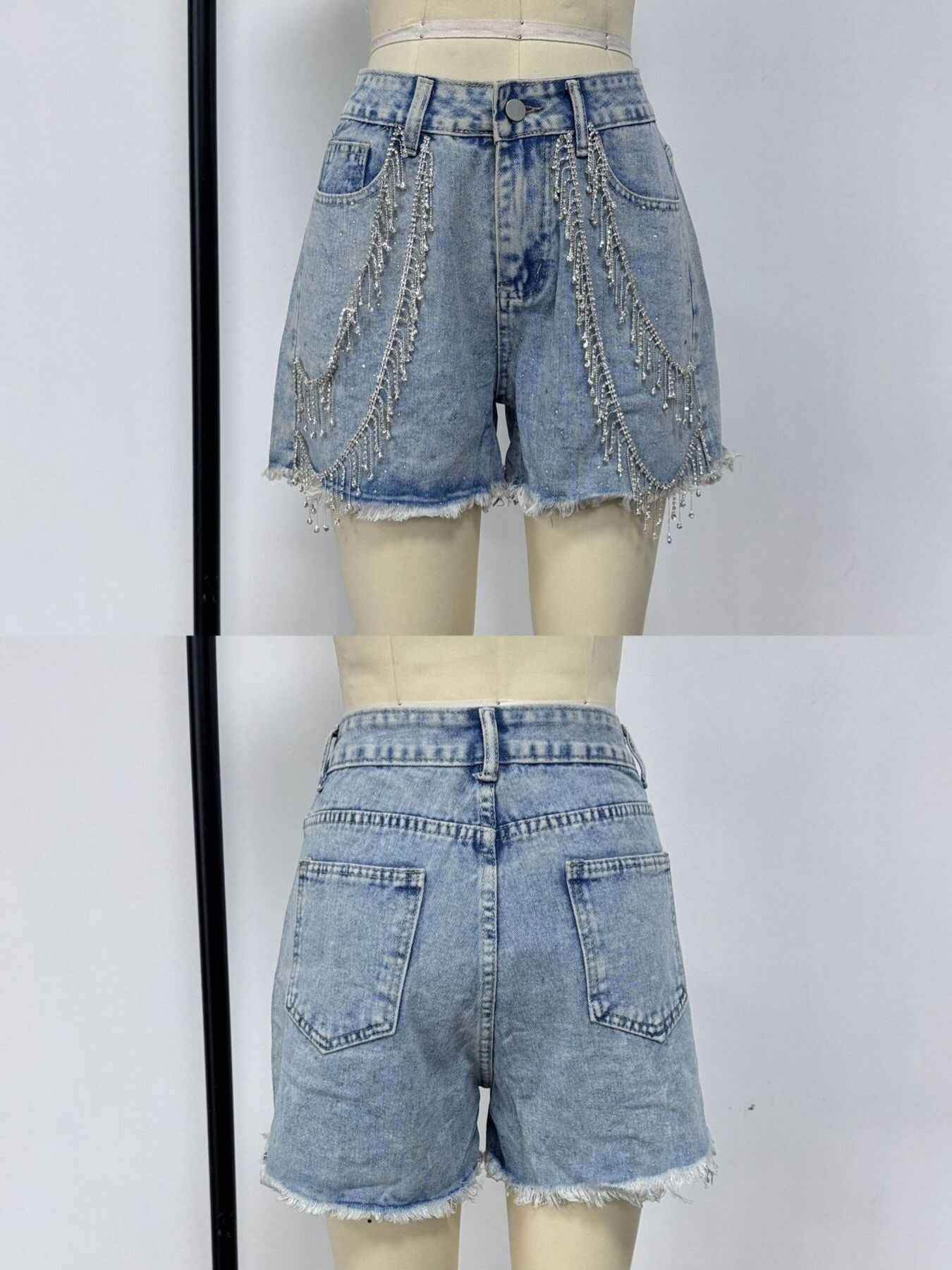 Rhinestone Chain Raw Hem Denim Shorts 91b38201-0285-4c64-b147-acfce49ace31-Max