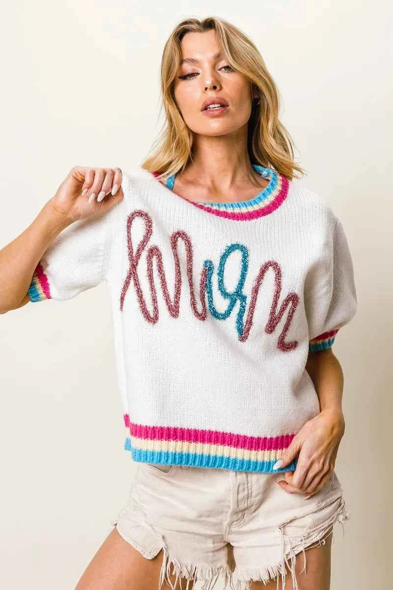BiBi Metallic Letter Short Puff Sleeve Sweater 91b42c418e2b4e7db8049d7cef61f1c9-Max-Origin
