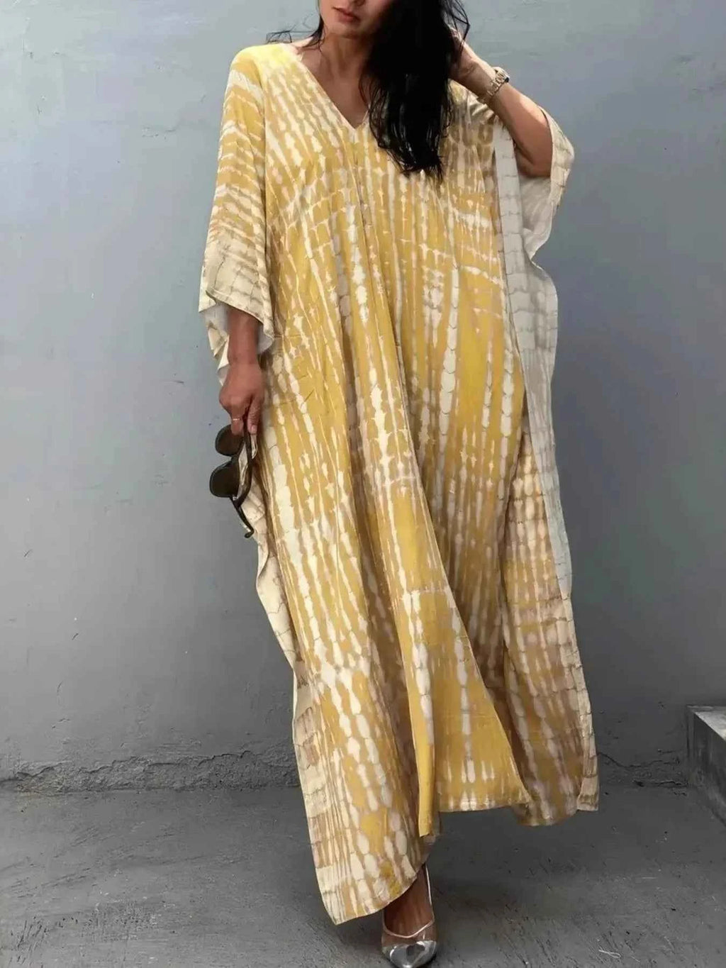 Tie-Dye V-Neck Maxi Dress with Flowy Sleeves 91b57cf696cf4223bbc8183d0a3c5aed-Max-Origin