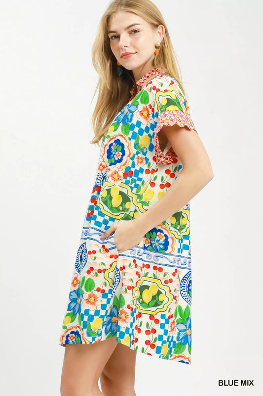 Mediterranean Print Dress with Contrast Printed Trim 91b7e372-7430-4b55-8020-af2984a81c30-Max-Origin