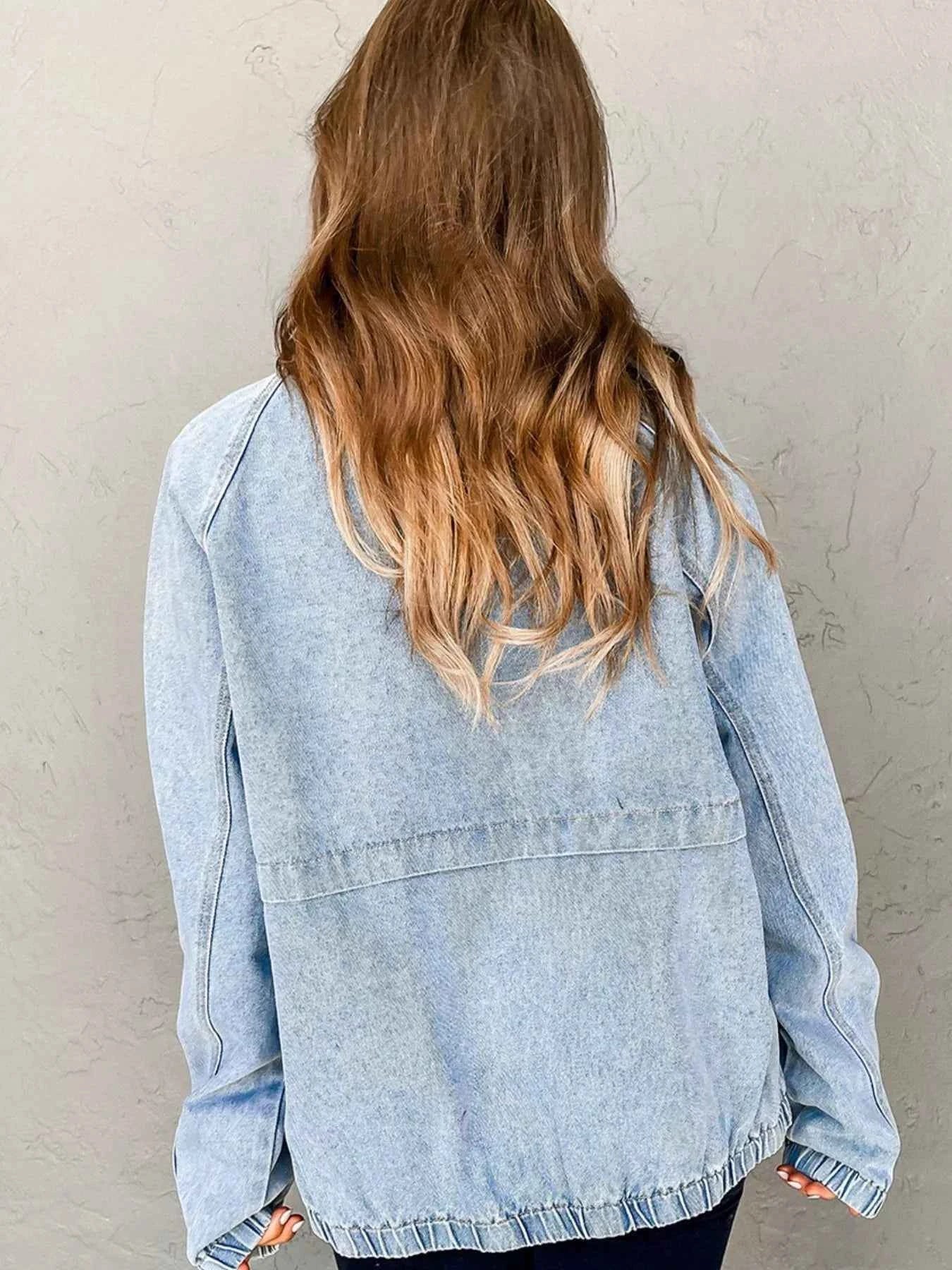 Elastic Edge Collared Zip Up Denim Jacket With Pocket 91b7f47b-029f-421d-97b6-7621e097affe-Max-Origin