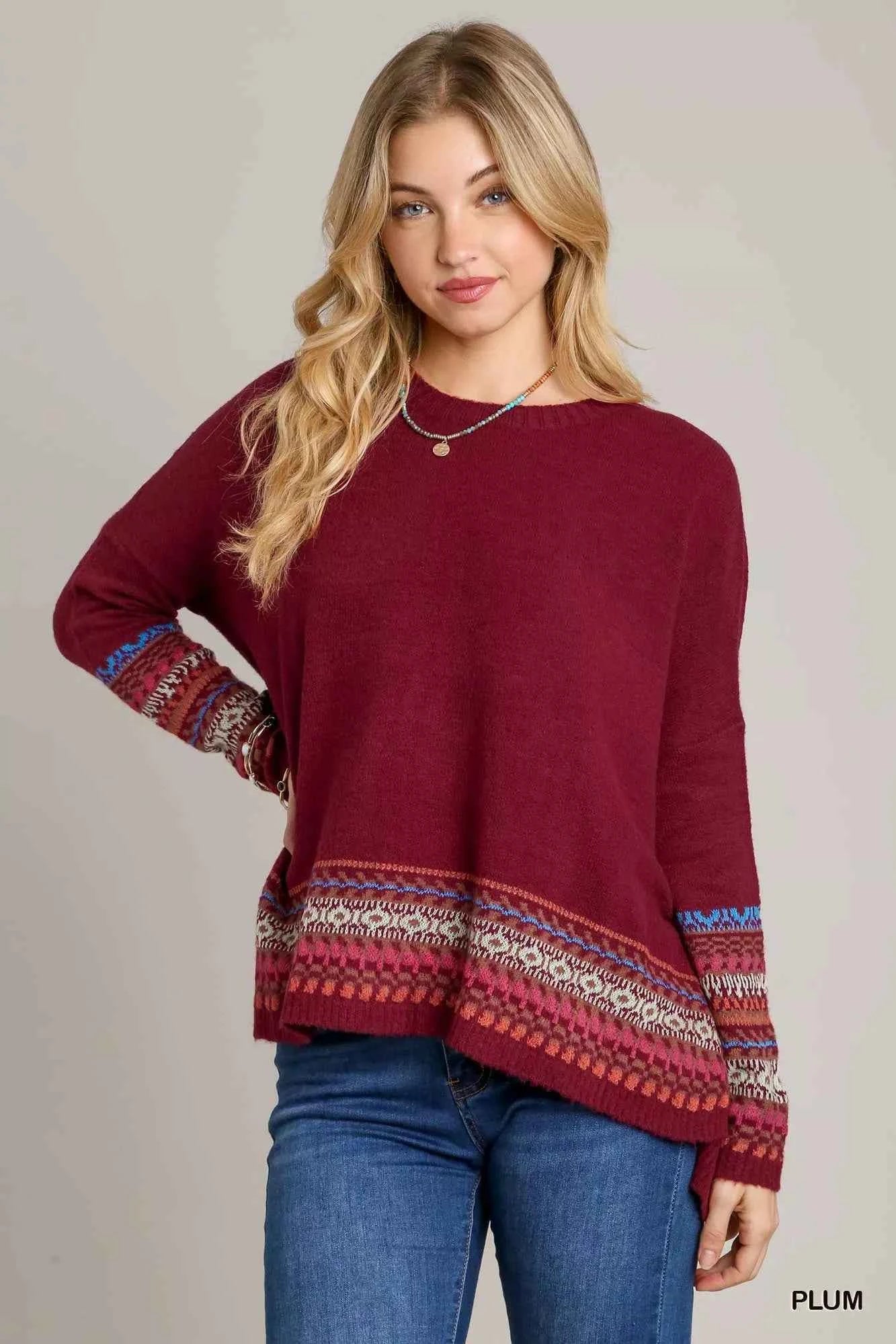 Umgee Long Sleeve Round Neck Knit Top with Side Slits and Stitch Detail PLUM 91ba4be0-a2c7-401d-9e9c-f2dfa2aa3038-Max-Origin
