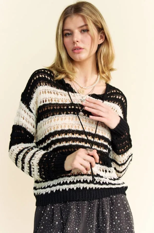 Davi & Dani Contrast Striped Crochet Drop Shoulder Knit Cover Up 91bb130b-d4b3-44b6-8093-1b04b74b4c6d-Max