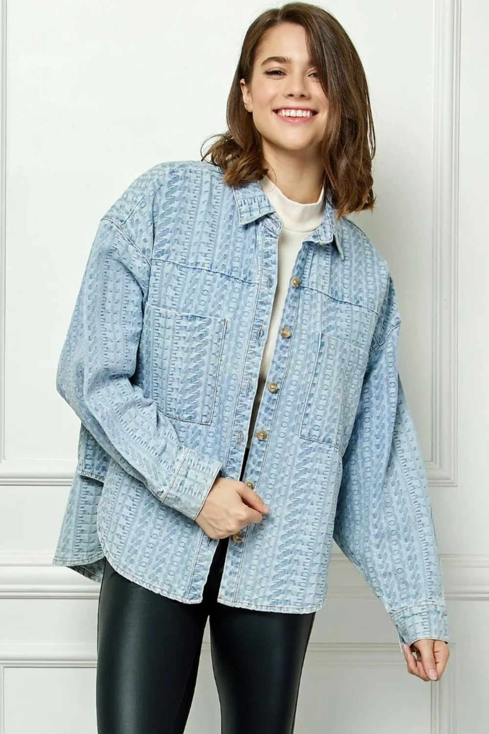 Veveret Button Up Dropped Shoulder Denim Top LTDENIM 91bbf13e-7dcf-4136-95c5-34b8f9a833c3-Max