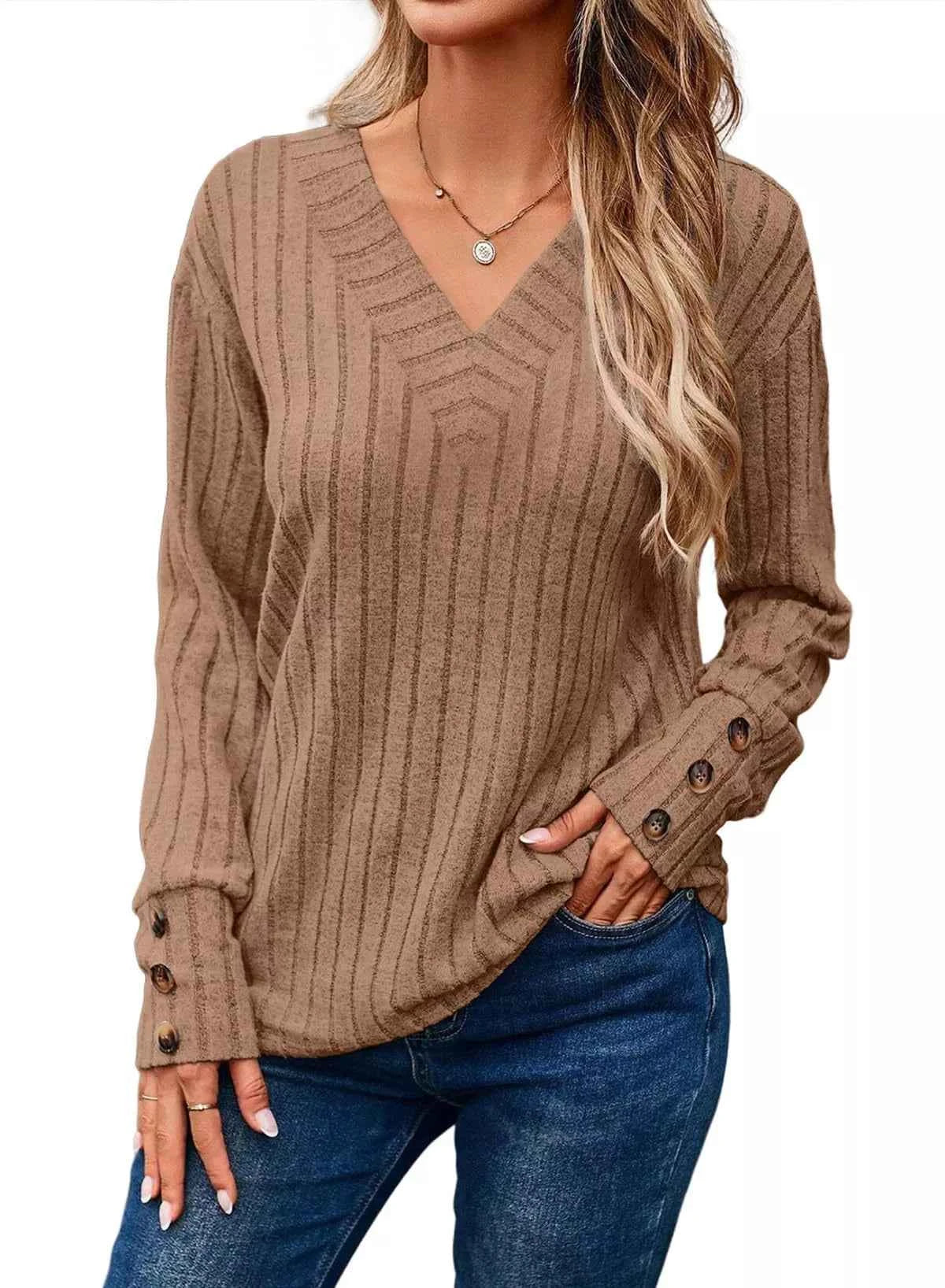 Ribbed Knit V-Neck Top Camel 91be27d9-f096-4ce9-9594-3470977d9e65-Max-Origin