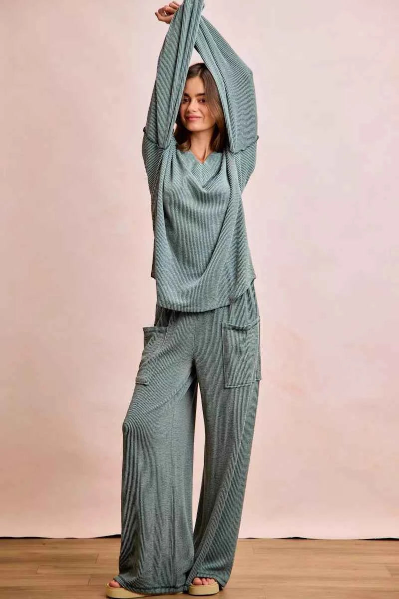 BiBi Two Tone Cord Rib Contrast Stitching V-Neck Top and Pants Set 91bf275342c54f2c8aa4728aa7908096-Max-Origin