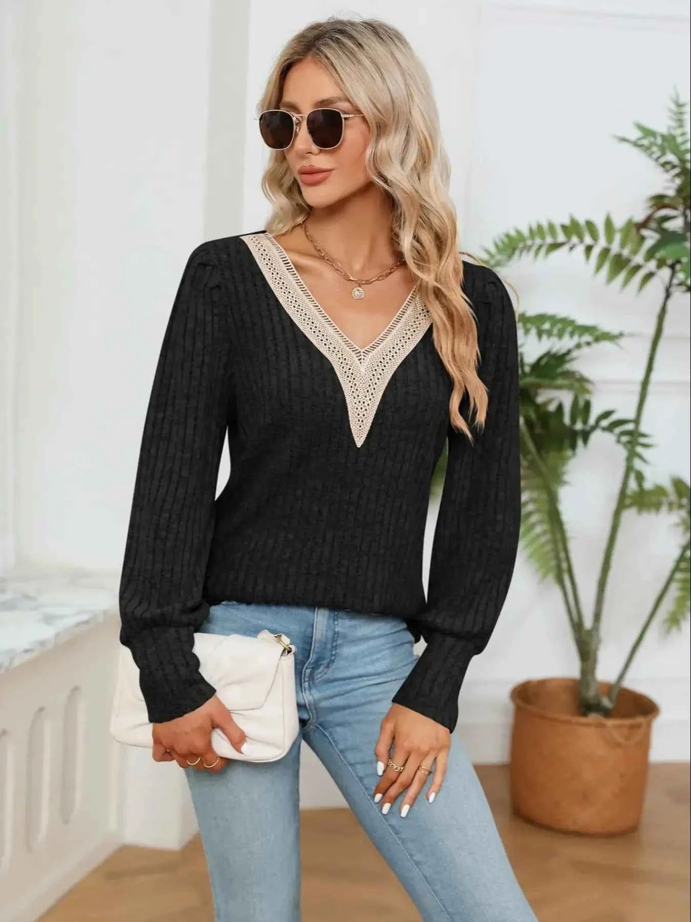 V-Neck Long Sleeve Blouse Black 91c035f0-8954-4698-ad8c-52f3414ce6b6-Max-Origin
