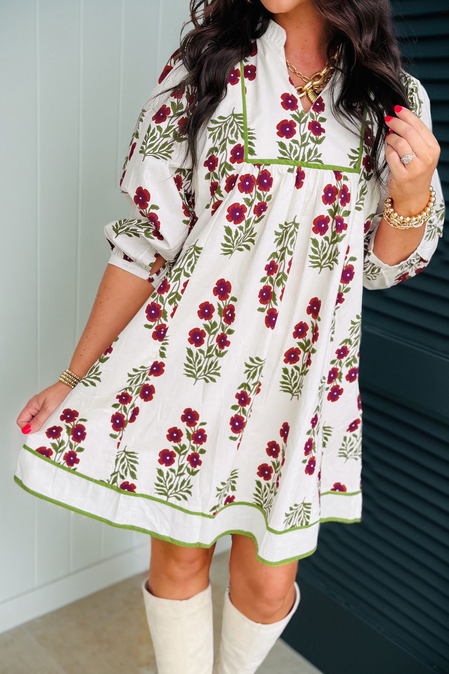 White Frilled V Neck 3/4 Sleeve Loose Floral Dress White 100%Cotton 91c7622876c09637