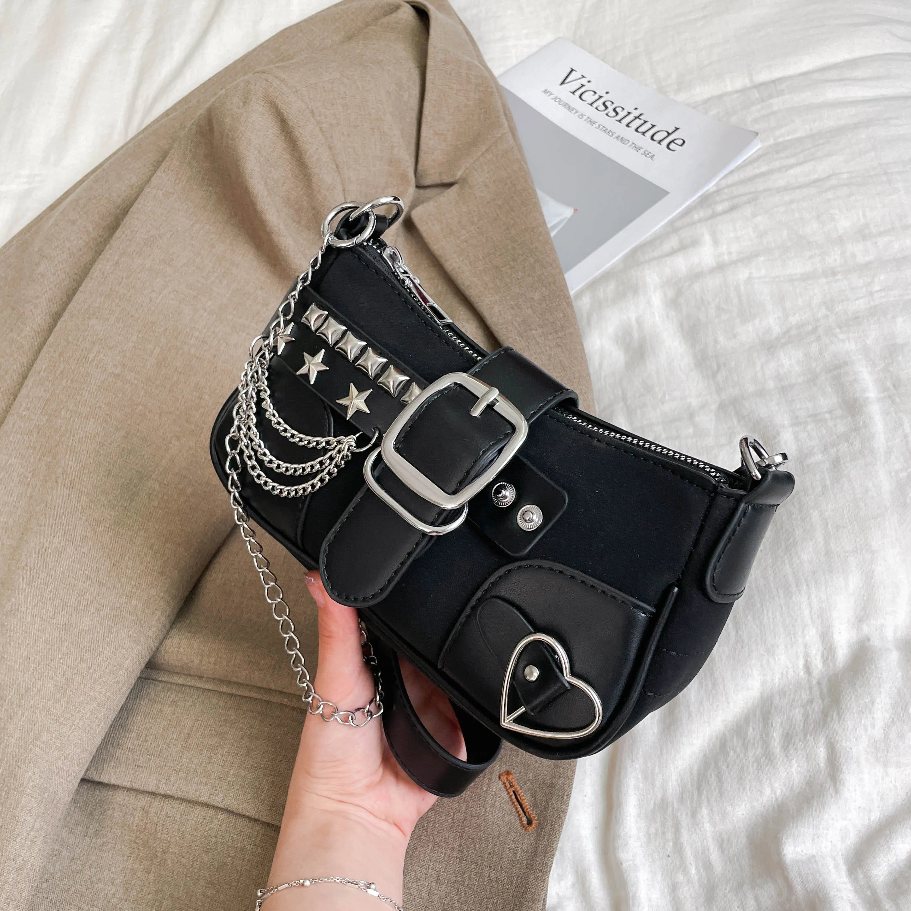 Buckle Detail Shoulder Bag with Star Embellishments Black onesize 91cd910f566e41ab8f0f17a33bc629a4-Max-Origin