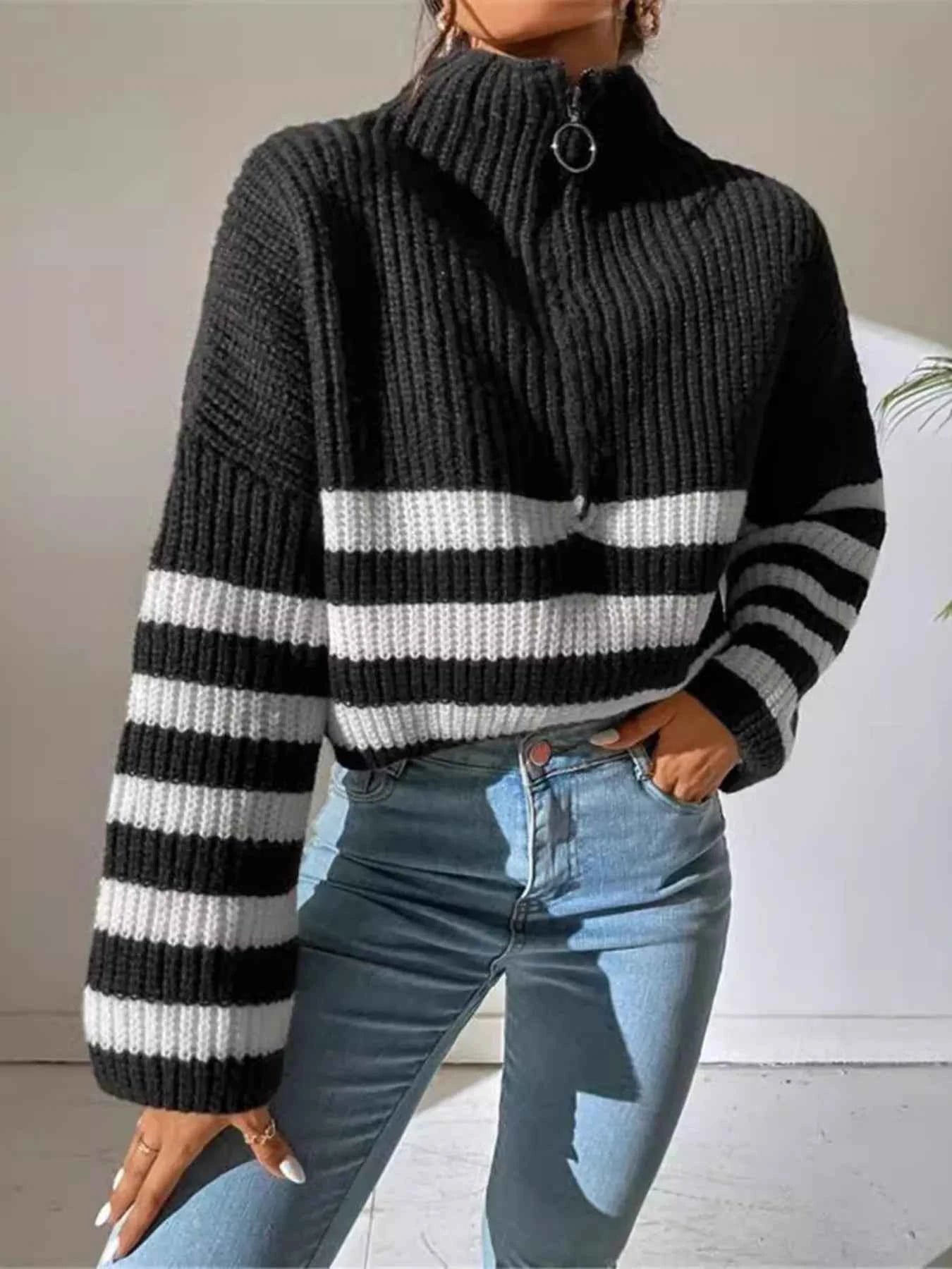 Striped Half Zip Cropped Sweater