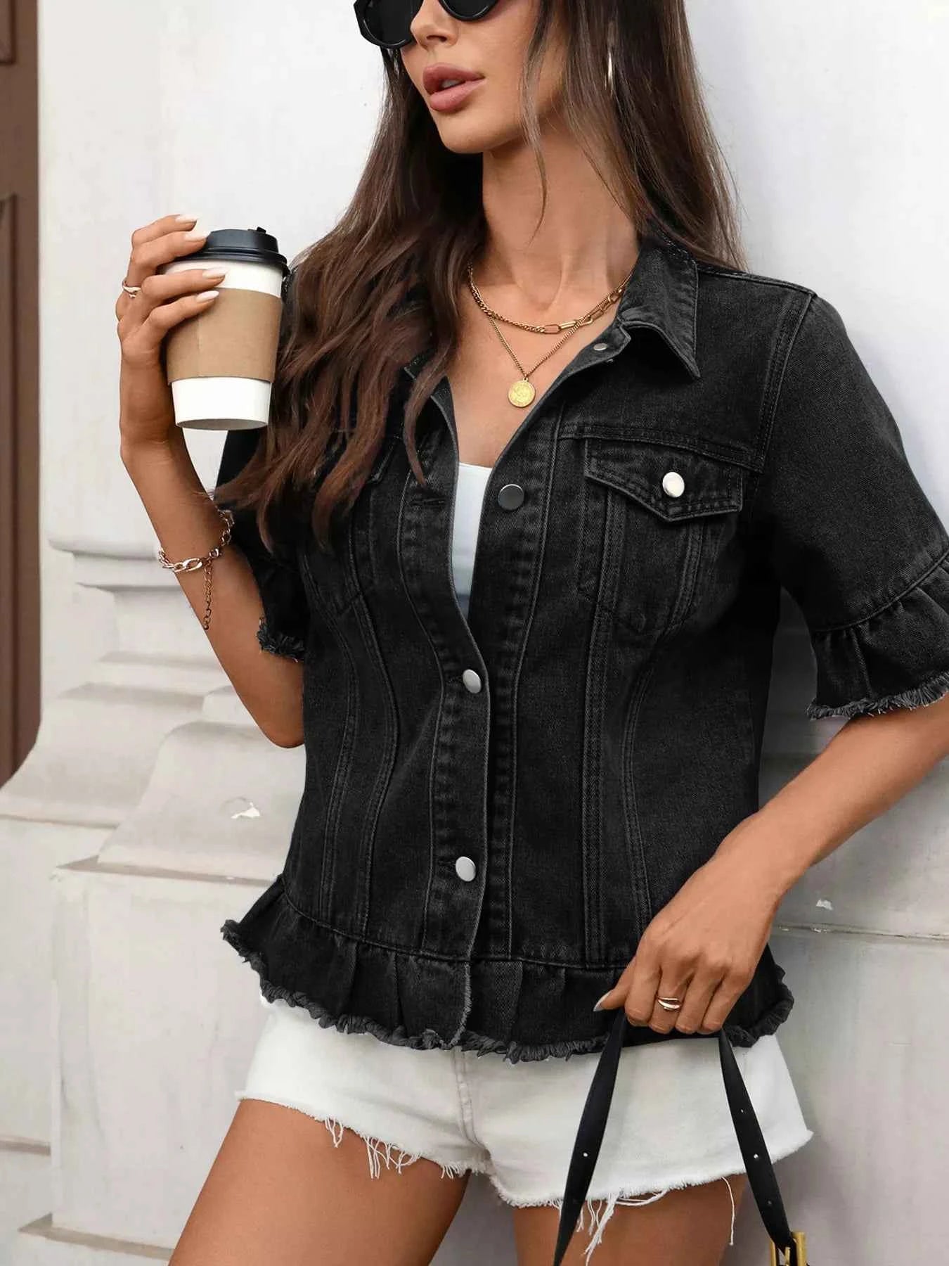 Raw Hem Button Up Denim Jacket 91d0f66e8f304278a40b7ce8ab1ab63e-Max-Origin