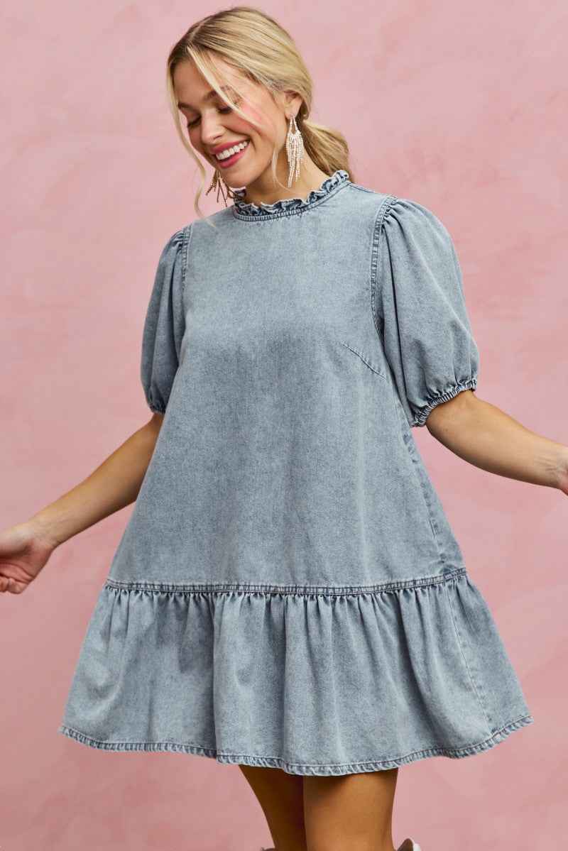 SO ME Denim Short Sleeves Mini Tiered Dress DENIM 91d303eb0ed44059bda88e36f9c850e7-Max
