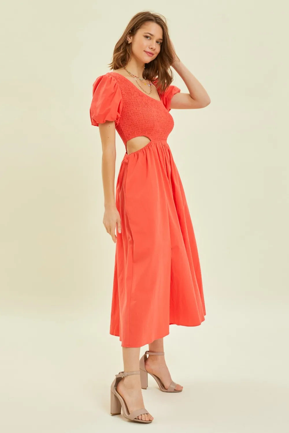 HEYSON Smocked Cutout Midi Dress Cherry Red 91d53527-b818-4aca-a5ab-c0ca371af5e8-Max