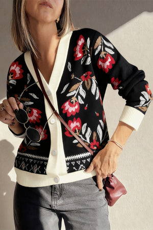 Black Floral Print Buttoned Front V Neck Knit Cardigan Black 52%Viscose+26%Polyester+22%Polyamide 91d6f8eb866f0362