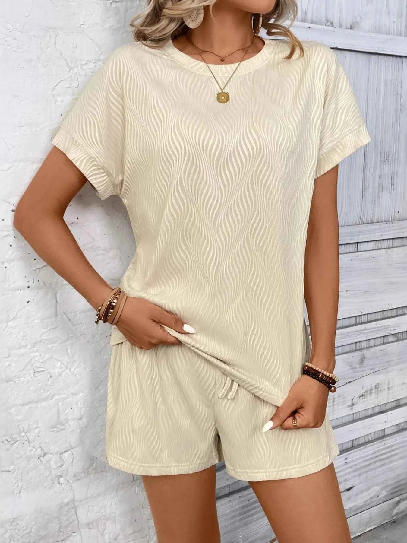 Textured Knit Round Neck Top and Shorts Set Apricot 91d80833280341a28b65223fbf2d96e5-Max-Origin