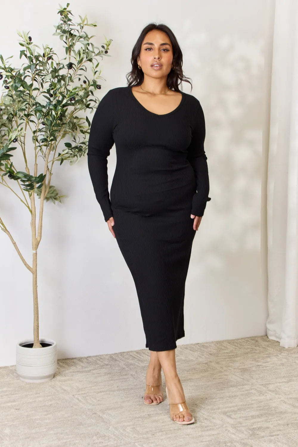 Culture Code Full Size Ribbed Long Sleeve Midi Slit Dress Black 91d9c958e76c481da52f291886c9a8e7-Max