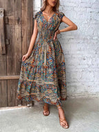 Printed V-Neck Cap Sleeve Dress 91e999a28f024a2b8a75e7ea6ff5d9d1-Max-Origin
