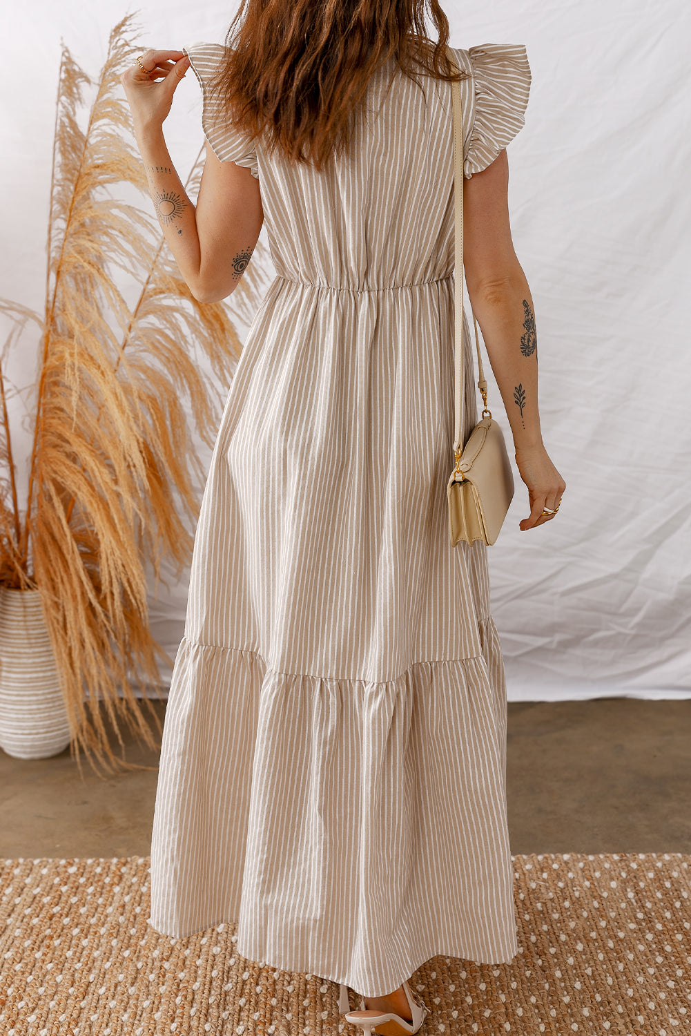 Khaki Stripe Flutter Sleeve Buttoned Front Slit Maxi Dress 91ea8a3039898d4a