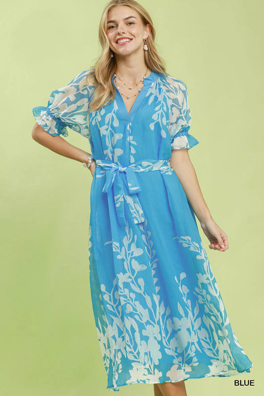 Floral Print Tie Waist Midi Dress with Side Pockets Blue 91f17cd8-b0d8-4fb9-a2b3-4b7d50720c8e-Max-Origin