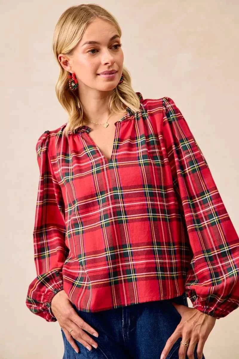 Christmas Plaid Balloon Sleeves Ruffled V-Neck Top 91f21f167de24714a811836f0a0099d9-Max-Origin