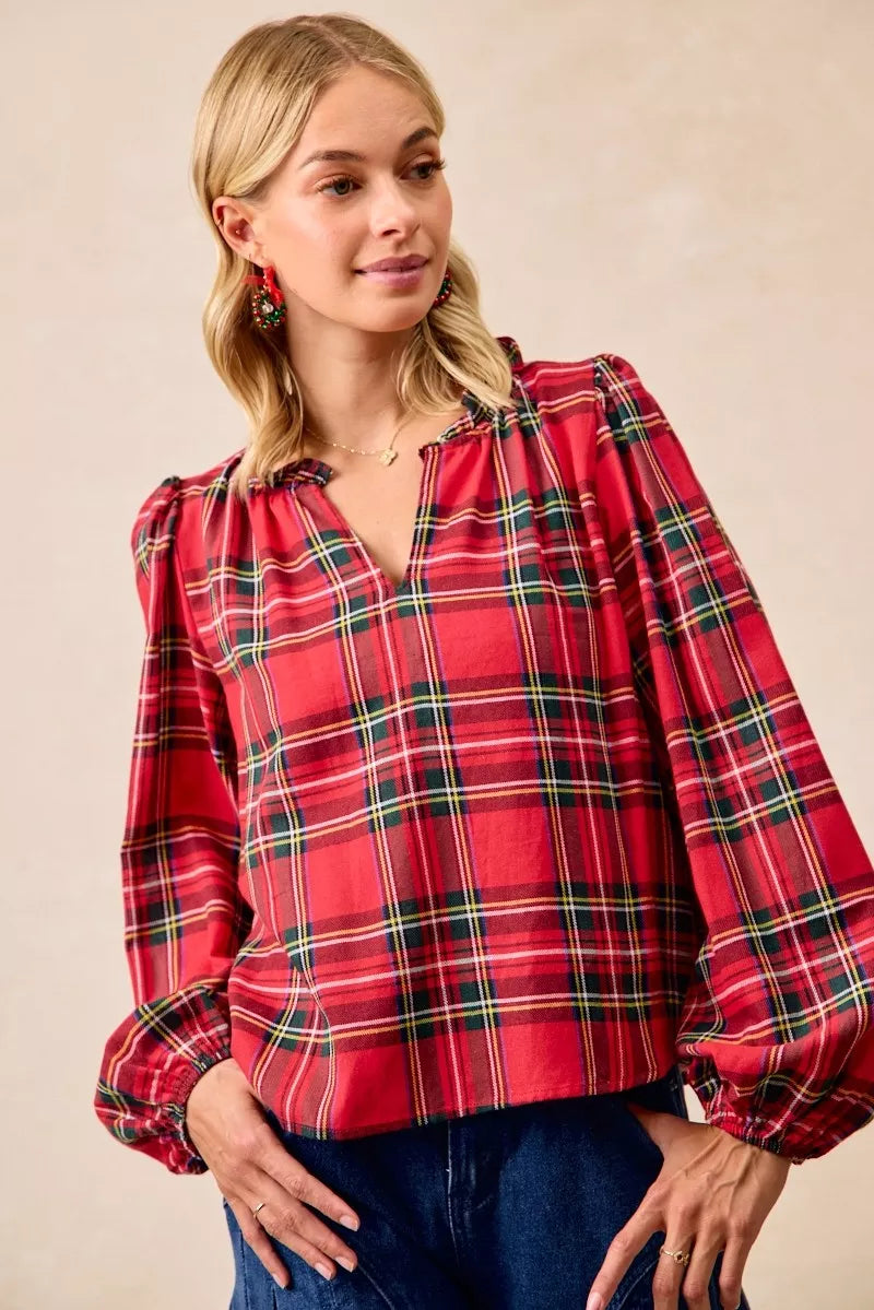BiBi Christmas Plaid Balloon Sleeves Ruffled V-Neck Top 91f21f167de24714a811836f0a0099d9-Max-Origin