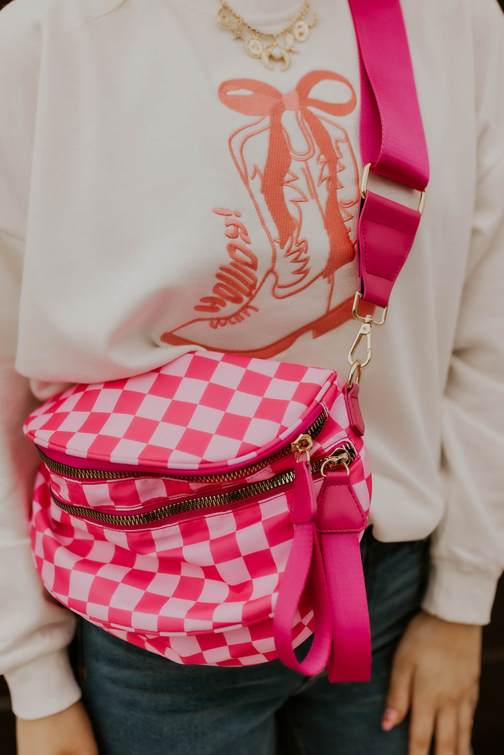 White Checkered Print Wide Strap Large Crossbody Bag 91f592c95b36328e
