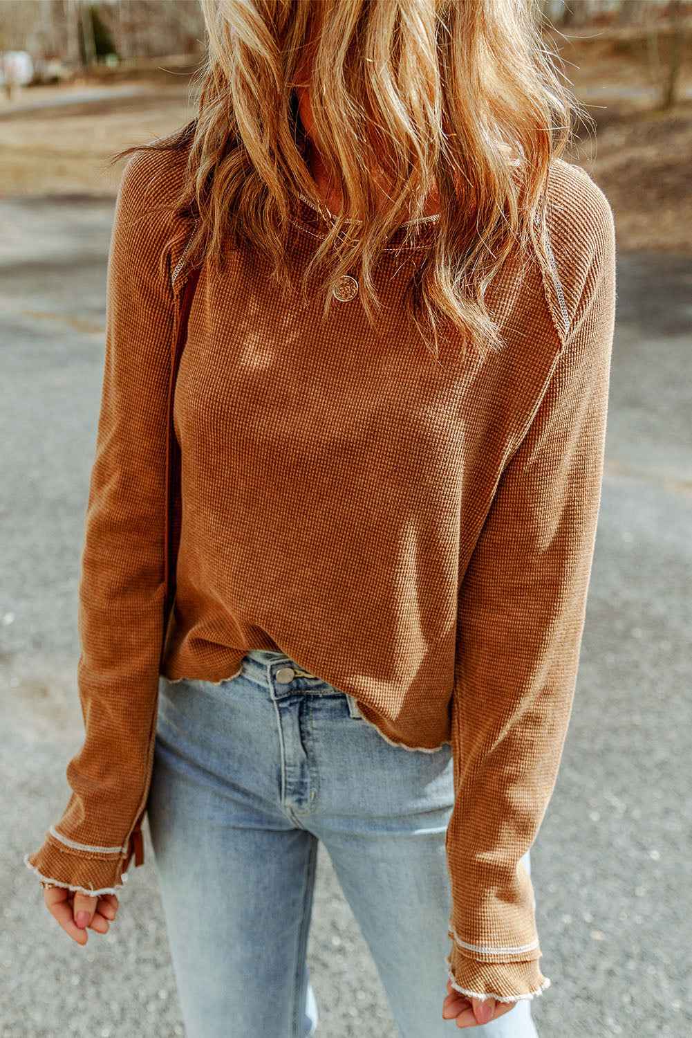 Red Exposed Seam Textured Pullover Long Sleeve Top Brown 95%Polyester+5%Elastane 91f7e6513438e437
