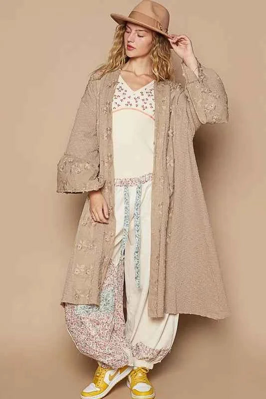 POL Flower Lace Trim Open Front Longline Cardigan Khaki 9204c9a5-045e-4224-8db4-9359844c986f-Max