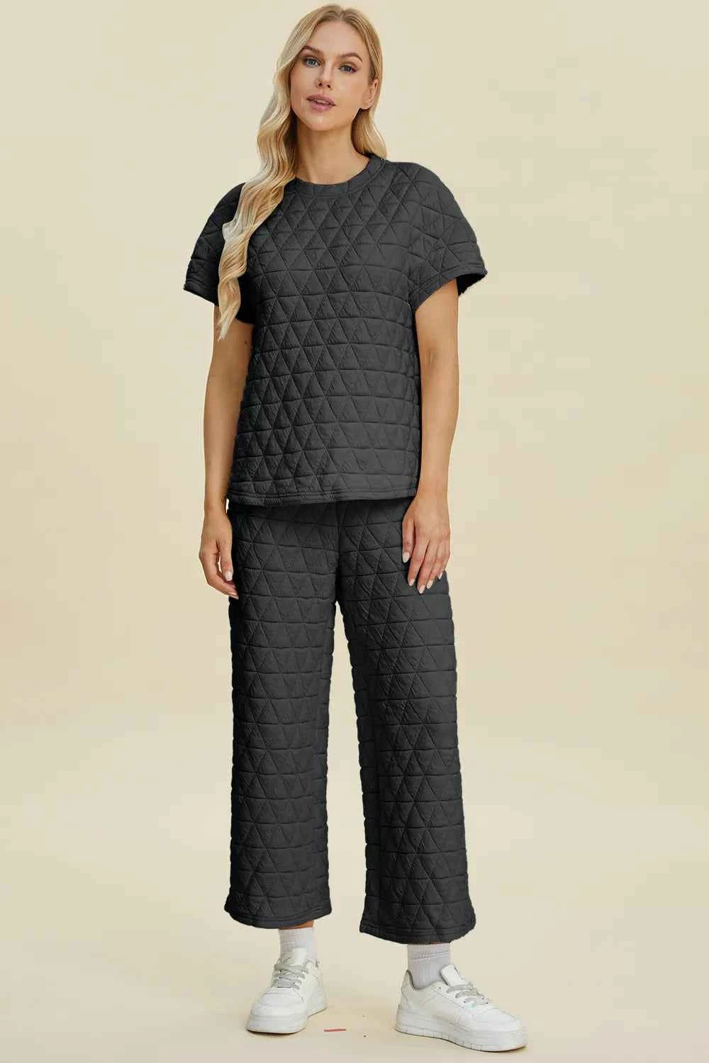 Double Take Full Size Texture Round Neck Short Sleeve Top and Pants Set Black 9205e6e7-d27c-4d9e-9956-e85a6b228fca-Max