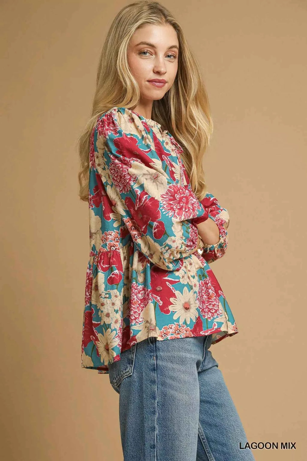 Umgee Mix Floral Peplum Blouse with Tie Neck 920772b9-c87a-4f1a-b645-d9e69fa26775-Max-Origin