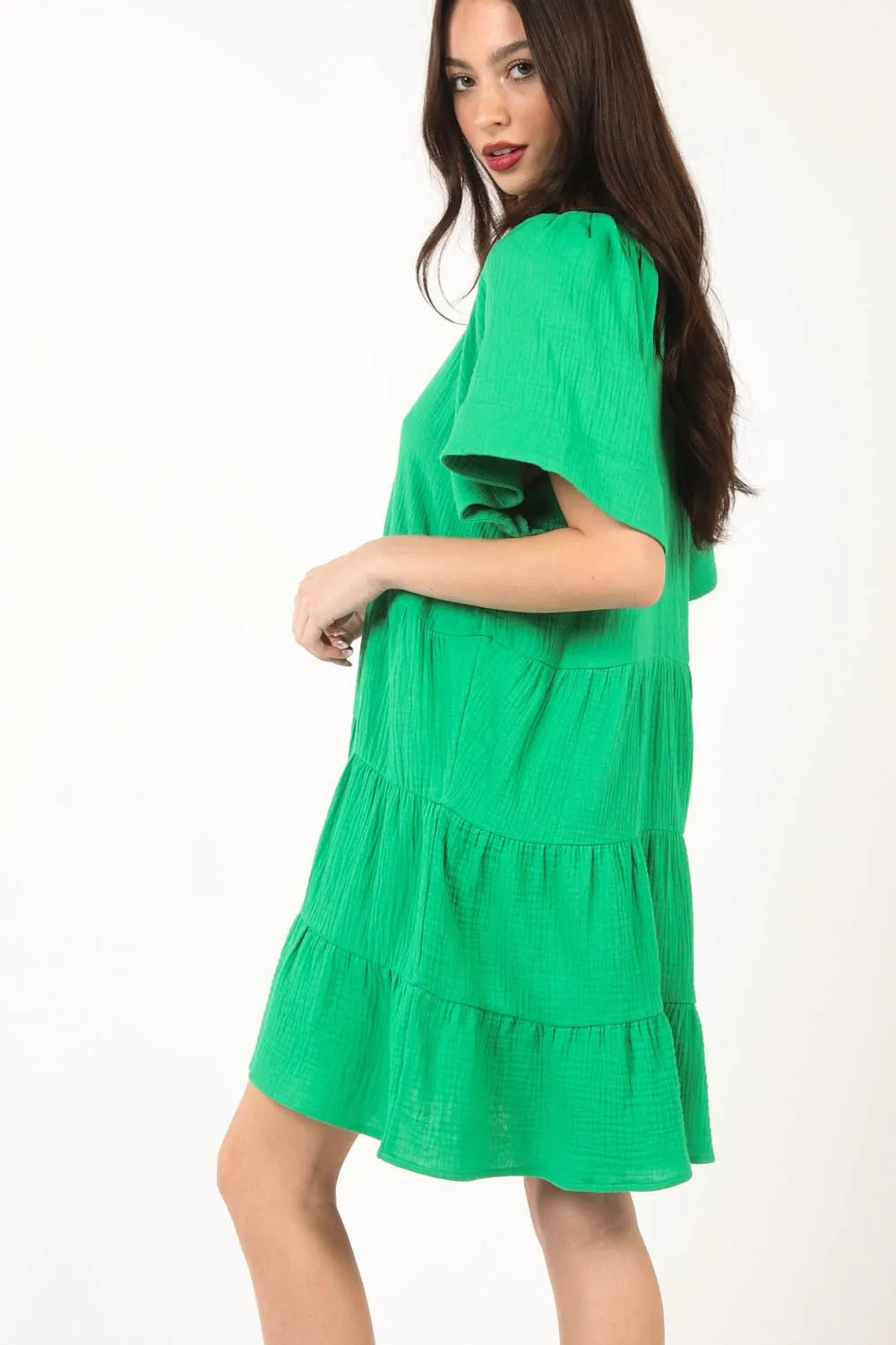VERY J Texture V-Neck Ruffled Tiered Dress 9208a967-f857-46bf-ba56-df83d72515ff-Max