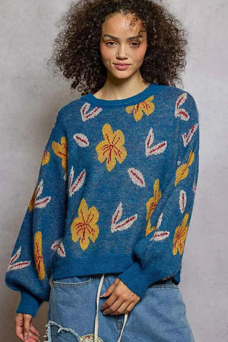 POL Floral Pattern Round Neck Balloon Sleeve Sweater LAPIS BLUE 9208de2e-dc8b-45db-9b22-16195914f9a8-Max-Origin