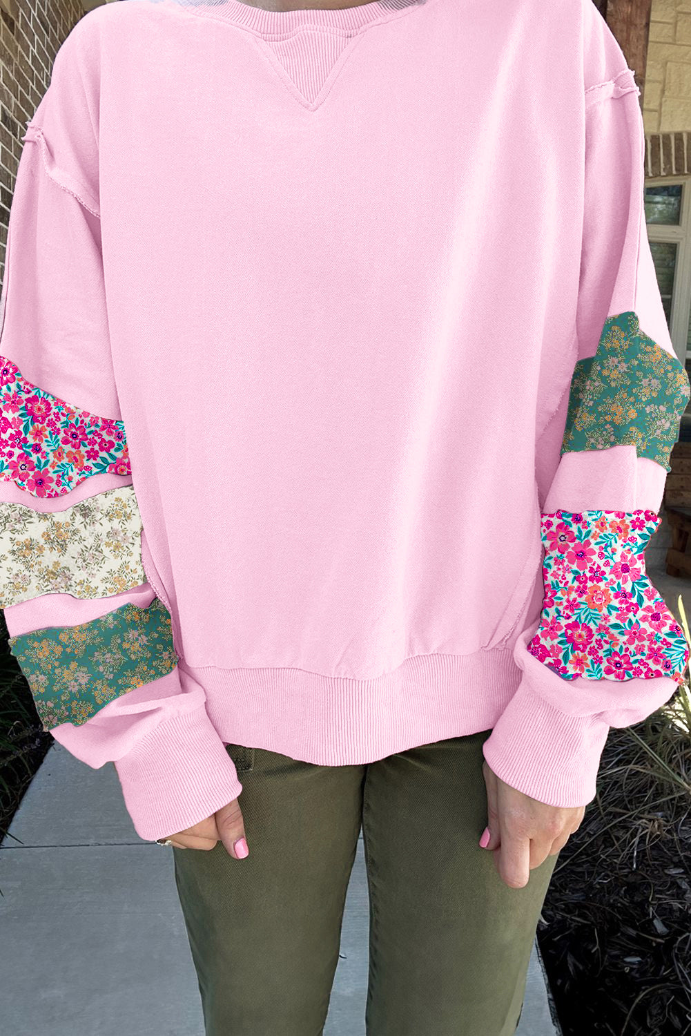 Pink Plus Size Mix Floral Patched Sleeve Ribbed Trim Baggy Sweatshirt Pink 65%Polyester+35%Cotton 9209660dfb518982